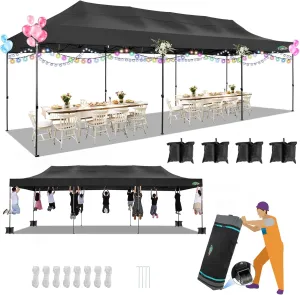COBIZI 10x30 Pop up Canopy, Heavy Duty Outdoor Party Tents for Parties, Ez up UPF 50  Waterproof Commercial Canopy with Wheeled Bag can fold, Black(Windproof Upgraded)