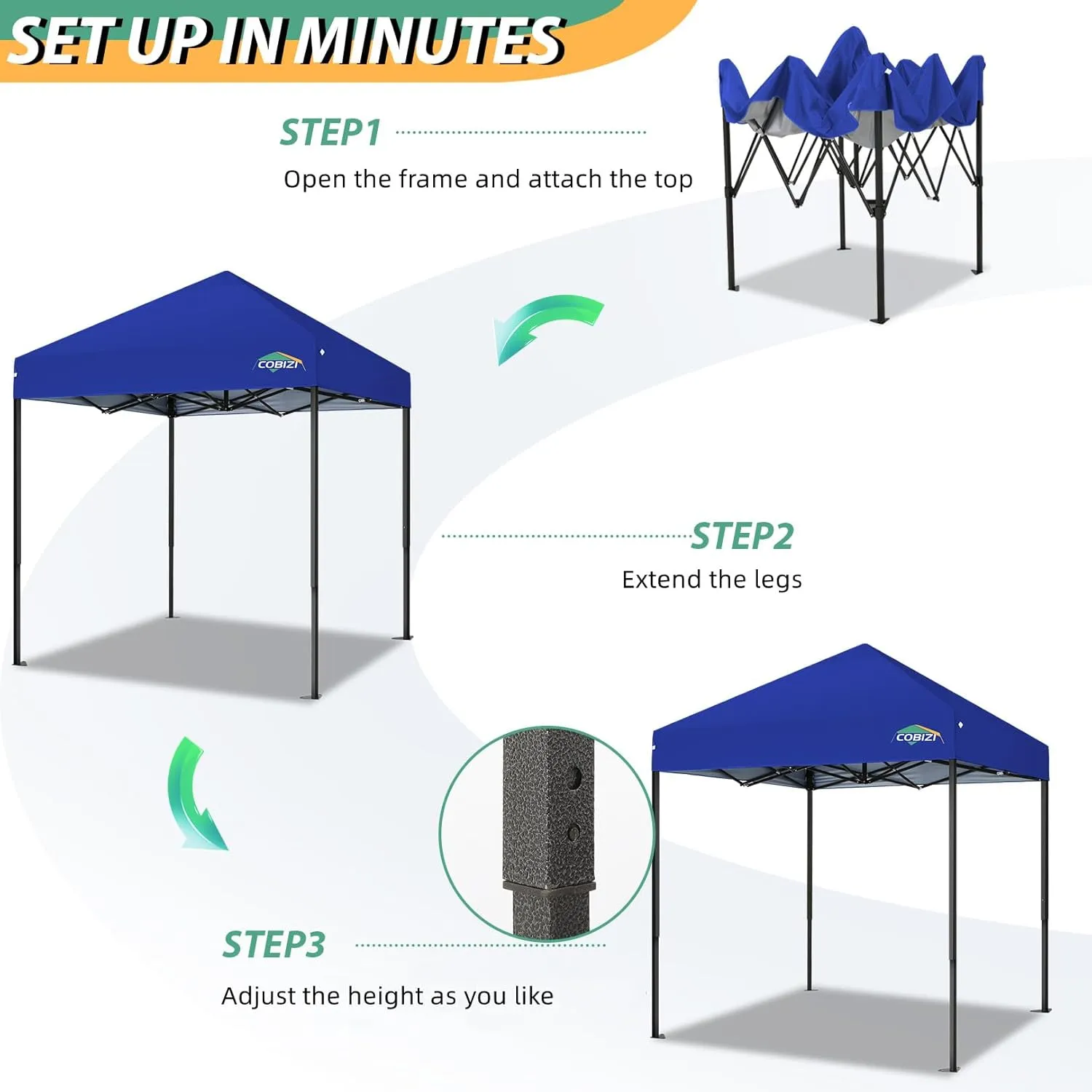 COBIZI 6.6x6.6ft Pop Up Canopy Tent, Heavy Duty Canopy Easy Set up All Weather Waterproof Outdoor Canopy Tent for Parties, Beach, Garden, Camping with 1 Handbag, UPF50 , Deep Blue