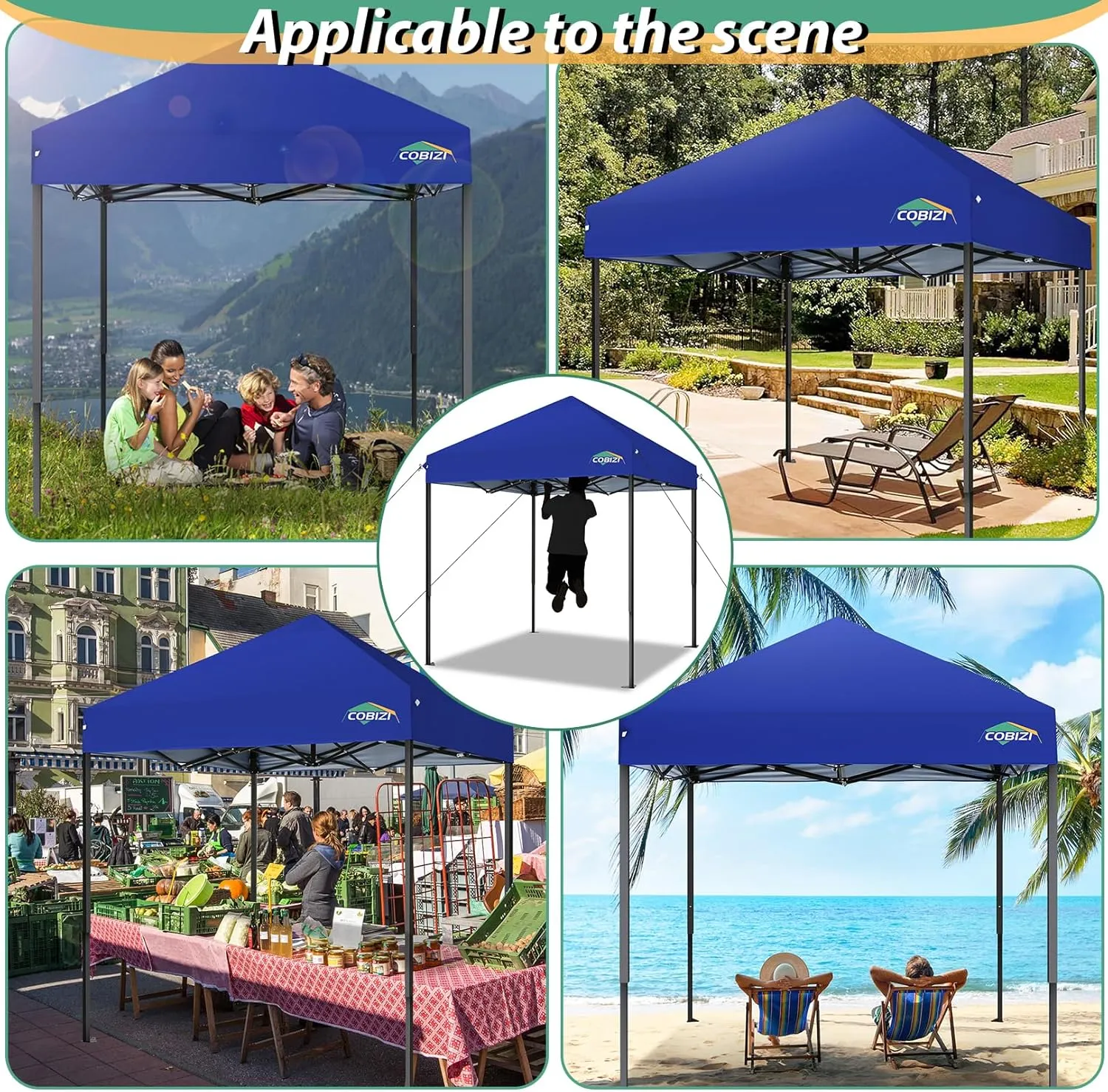 COBIZI 6.6x6.6ft Pop Up Canopy Tent, Heavy Duty Canopy Easy Set up All Weather Waterproof Outdoor Canopy Tent for Parties, Beach, Garden, Camping with 1 Handbag, UPF50 , Deep Blue