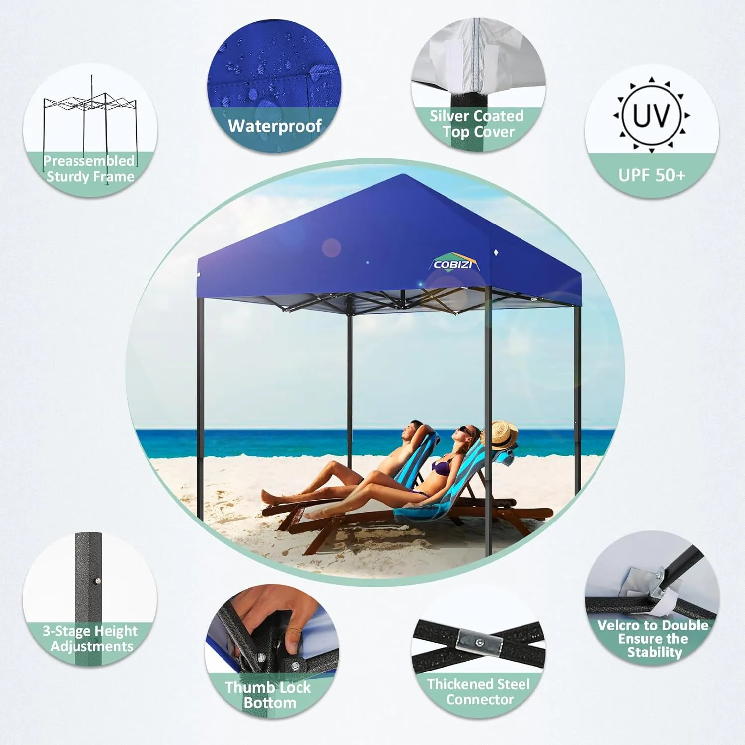 COBIZI 6.6x6.6ft Pop Up Canopy Tent, Heavy Duty Canopy Easy Set up All Weather Waterproof Outdoor Canopy Tent for Parties, Beach, Garden, Camping with 1 Handbag, UPF50 , Deep Blue