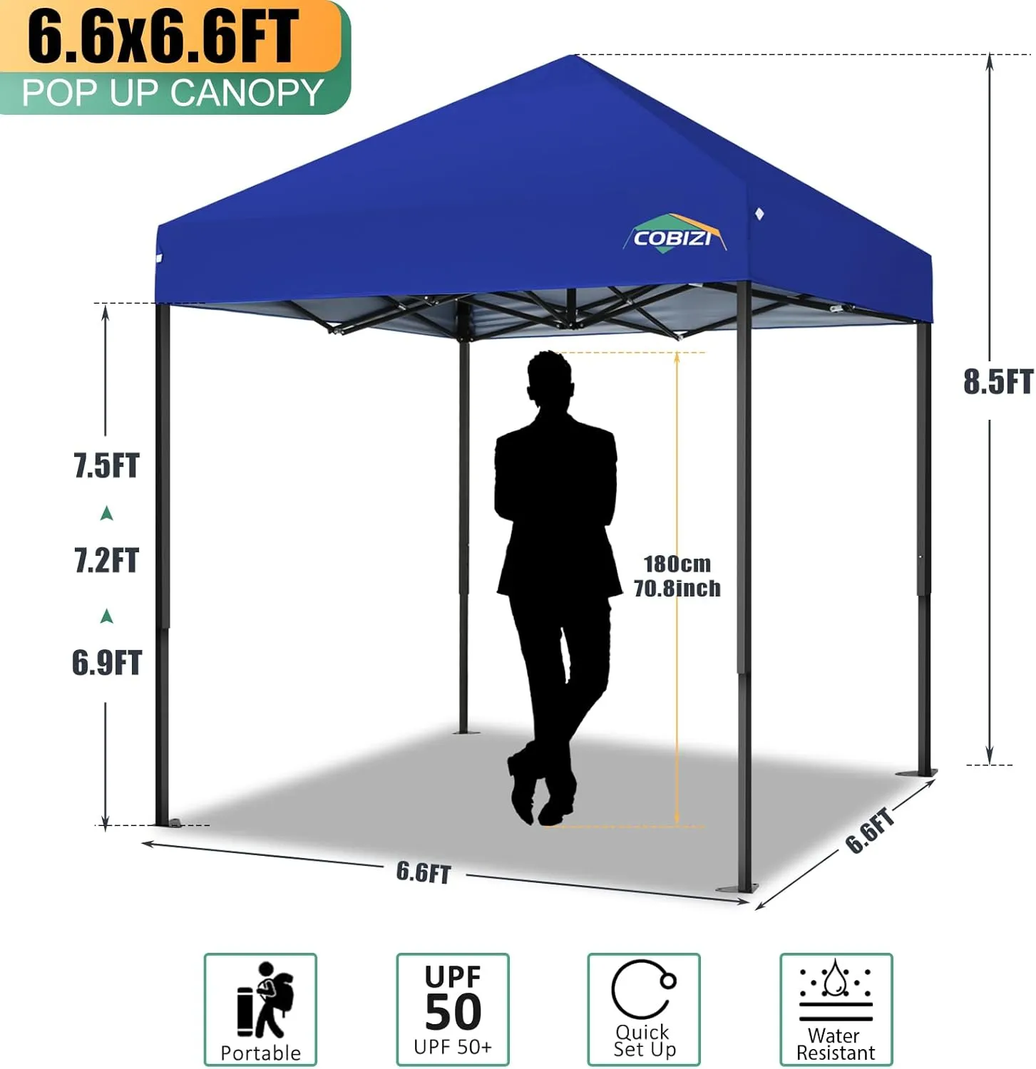 COBIZI 6.6x6.6ft Pop Up Canopy Tent, Heavy Duty Canopy Easy Set up All Weather Waterproof Outdoor Canopy Tent for Parties, Beach, Garden, Camping with 1 Handbag, UPF50 , Deep Blue