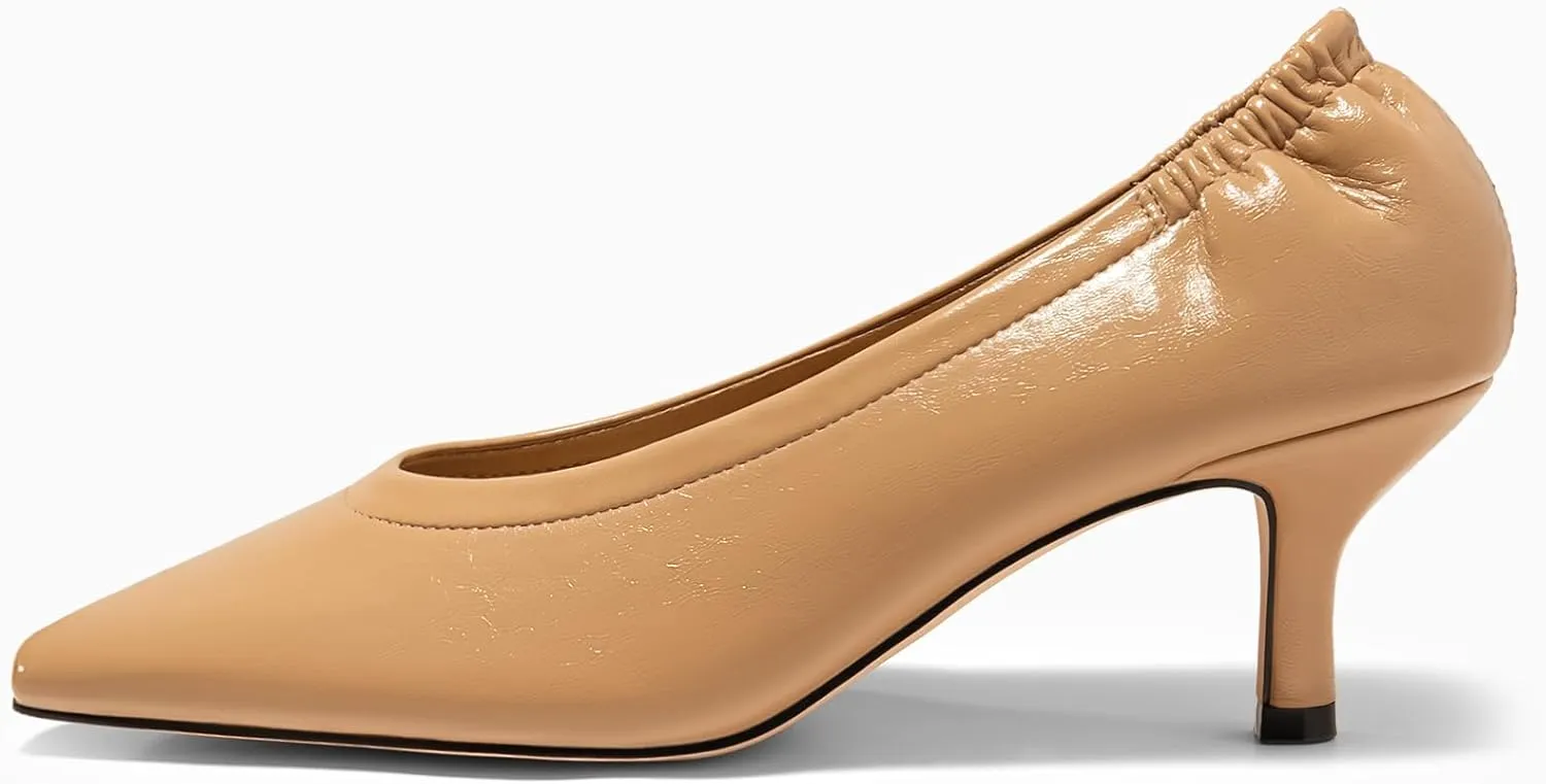Coutgo Womens Dress Shoes Low Kitten Heels Square Pointed Toe Slip On Crinkled Work Pump Shoes