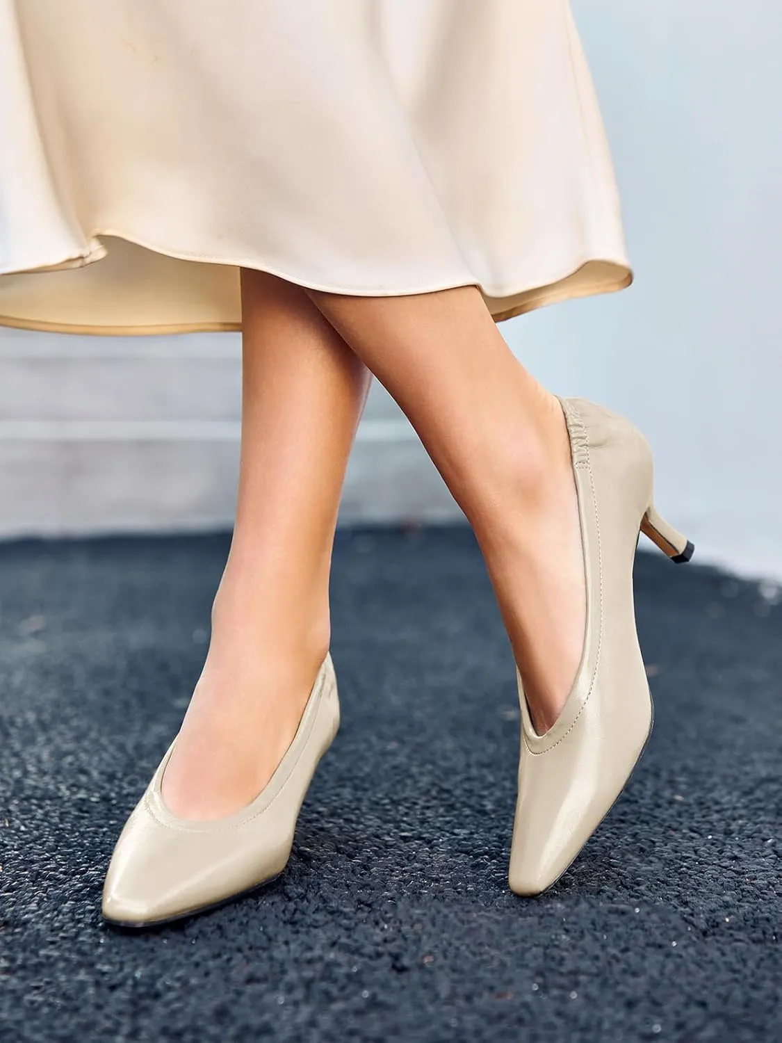 Coutgo Womens Dress Shoes Low Kitten Heels Square Pointed Toe Slip On Crinkled Work Pump Shoes