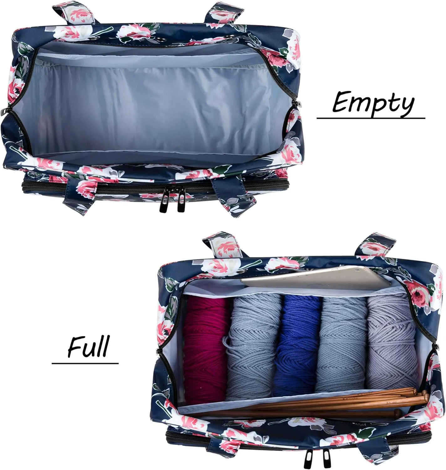 CURMIO Yarn Storage Bag, Knitting Tote Bag For Crochet Hooks, Knitting Project and Accessories, Ideal for Crochet Beginners and Knitting Lovers, Bag Only, Blue Flower