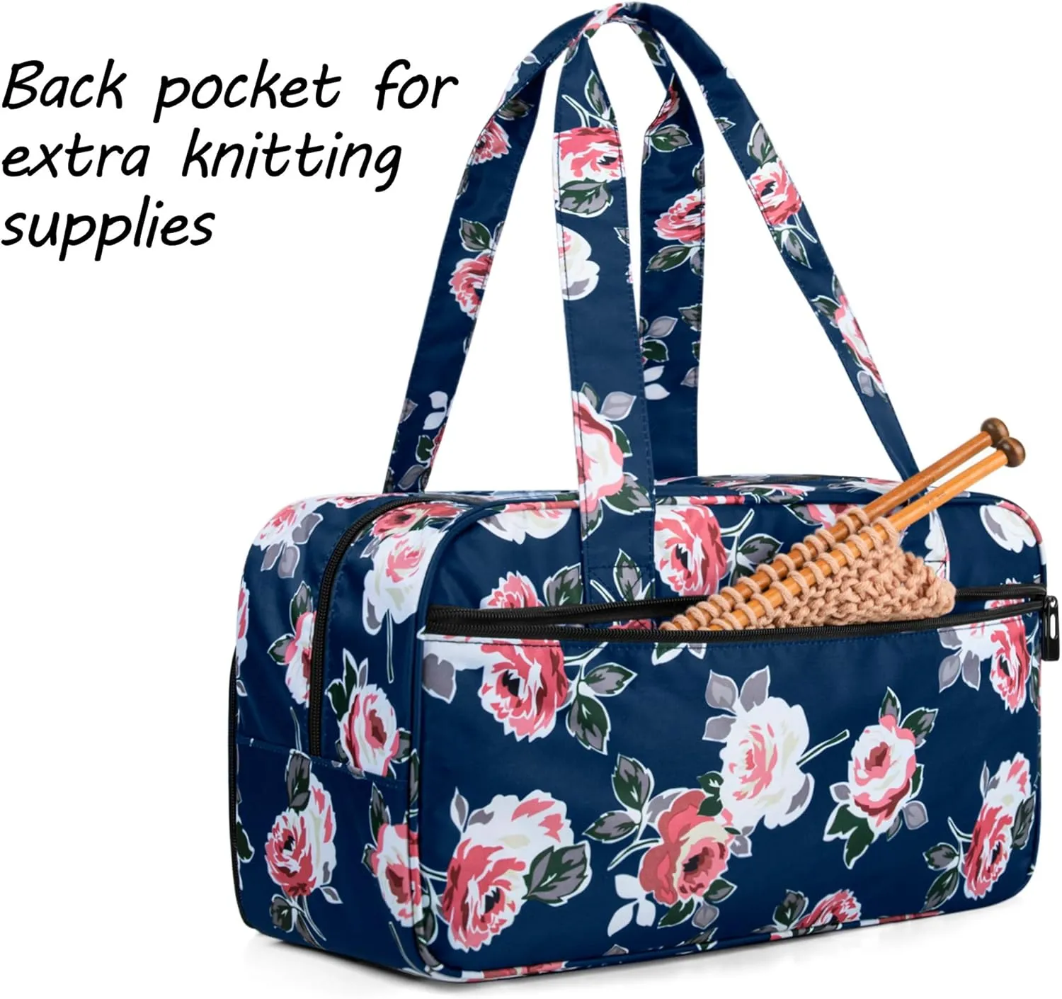 CURMIO Yarn Storage Bag, Knitting Tote Bag For Crochet Hooks, Knitting Project and Accessories, Ideal for Crochet Beginners and Knitting Lovers, Bag Only, Blue Flower