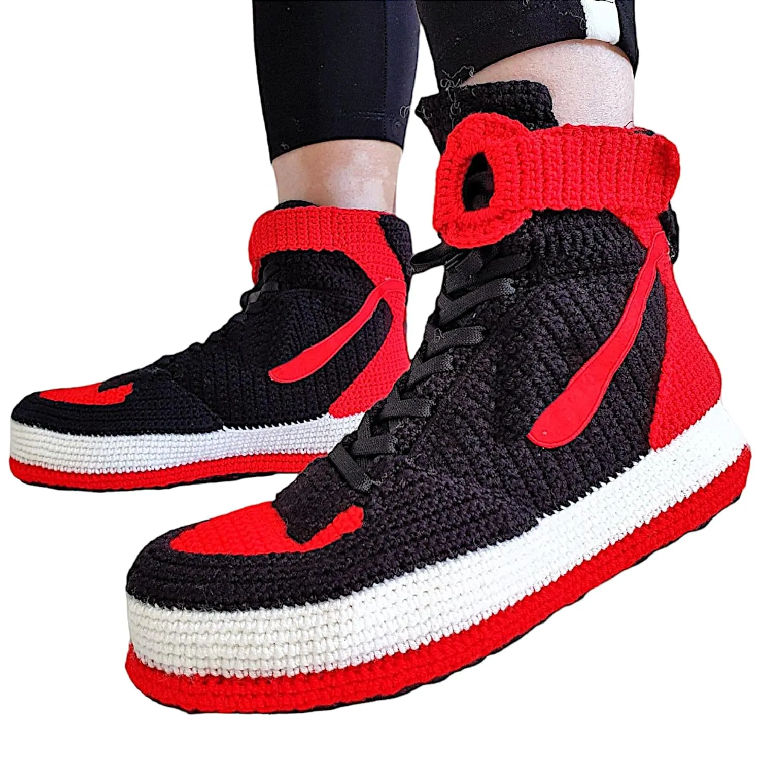 Custom AJ1 Retro High Top Crochet Slippers - Black Red Knitted Sneakerhead Home Shoes, Unisex Breathable Plush Indoor Footwear, Non-Slip Rubber Sole