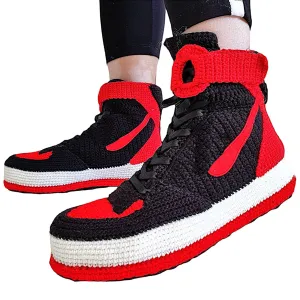 Custom AJ1 Retro High Top Crochet Slippers - Black Red Knitted Sneakerhead Home Shoes, Unisex Breathable Plush Indoor Footwear, Non-Slip Rubber Sole