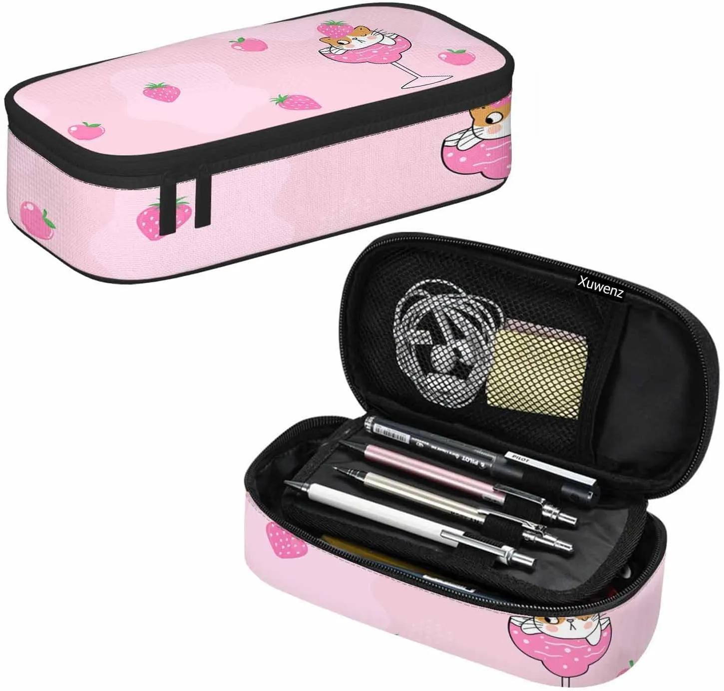 Cute Cat Pencil Case Pink Fruit Strawberry Wine Glass Pencil Bag Pouch Box Organizer for College School Students Boy Girl