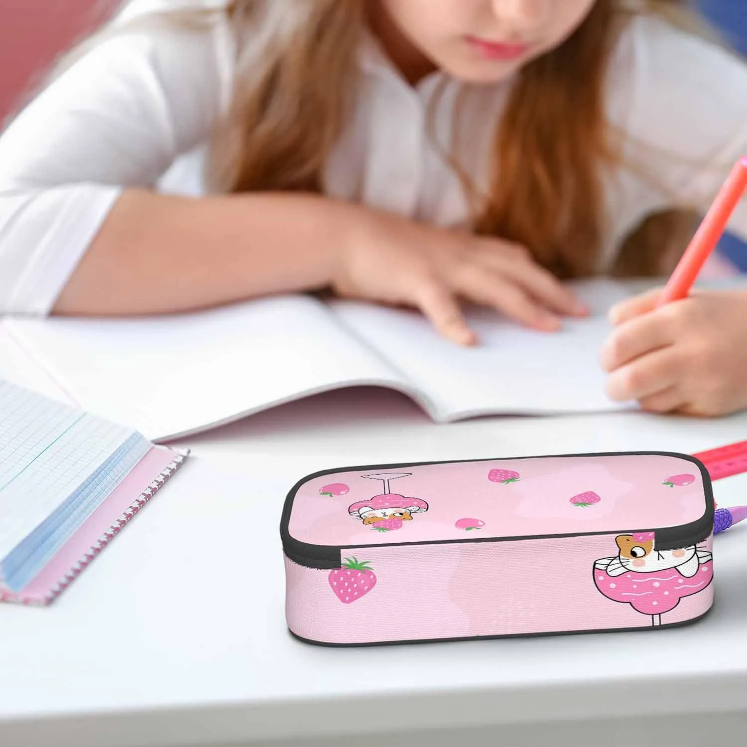 Cute Cat Pencil Case Pink Fruit Strawberry Wine Glass Pencil Bag Pouch Box Organizer for College School Students Boy Girl