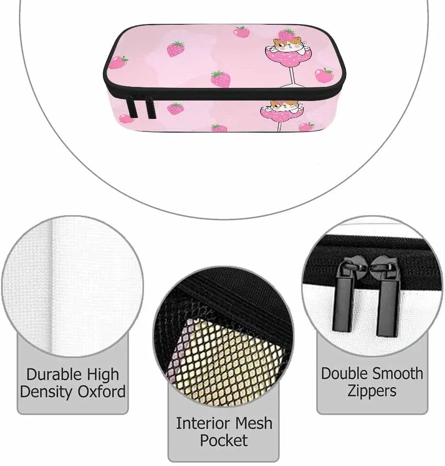 Cute Cat Pencil Case Pink Fruit Strawberry Wine Glass Pencil Bag Pouch Box Organizer for College School Students Boy Girl