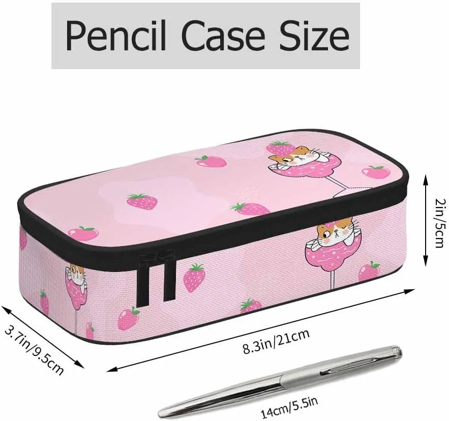 Cute Cat Pencil Case Pink Fruit Strawberry Wine Glass Pencil Bag Pouch Box Organizer for College School Students Boy Girl
