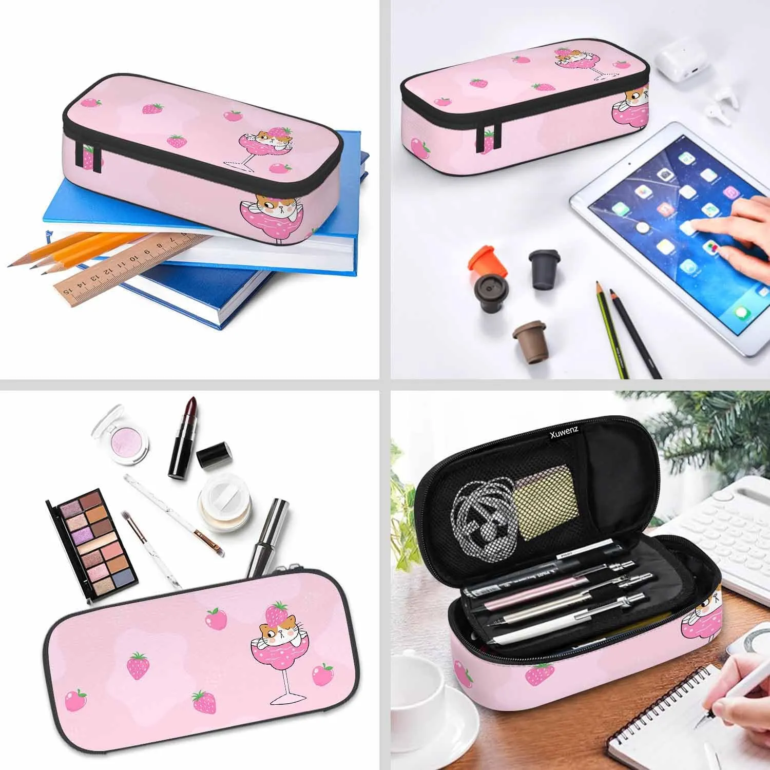 Cute Cat Pencil Case Pink Fruit Strawberry Wine Glass Pencil Bag Pouch Box Organizer for College School Students Boy Girl