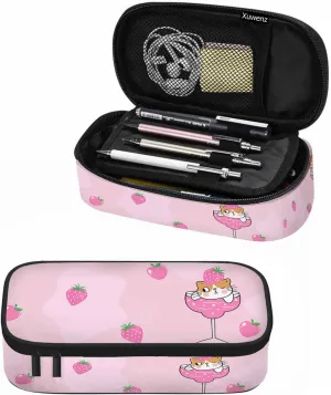Cute Cat Pencil Case Pink Fruit Strawberry Wine Glass Pencil Bag Pouch Box Organizer for College School Students Boy Girl
