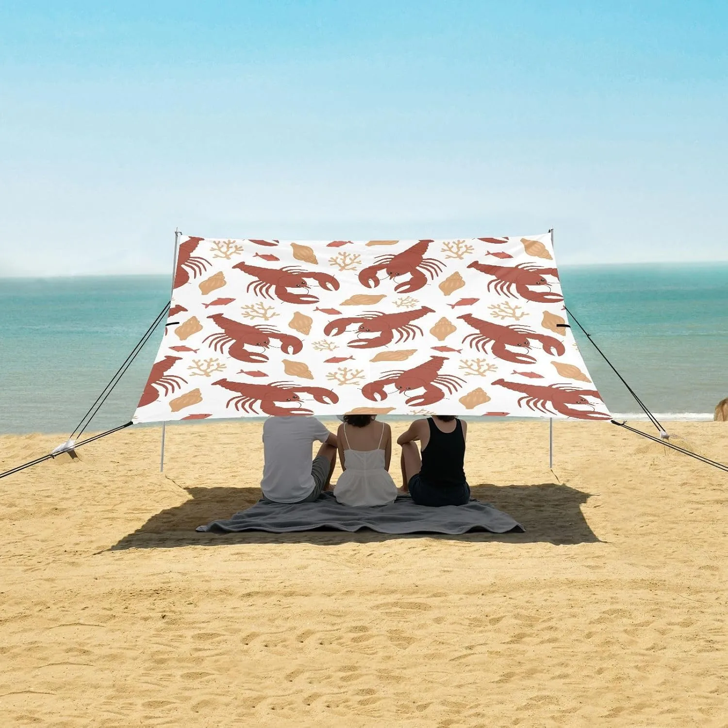 Cute Red Lobsters Seaweed Beach Camping Tent Sun Shelter for Whole Family, Shells and Fish Beach Shade Canopy with UPF50  UV Protection,Easy Set Up and Carry,Outdoor Shade for Trips, Fishing, Ba