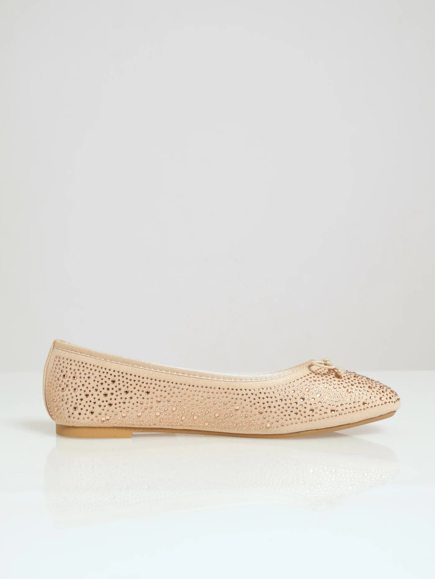 Diamante Crusted Bow Pump With Block Heel - Natural