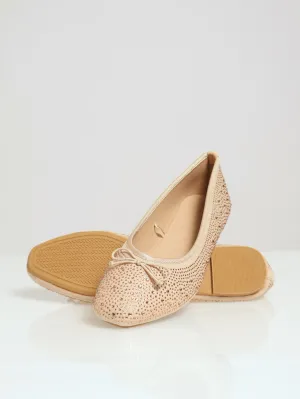 Diamante Crusted Bow Pump With Block Heel - Natural