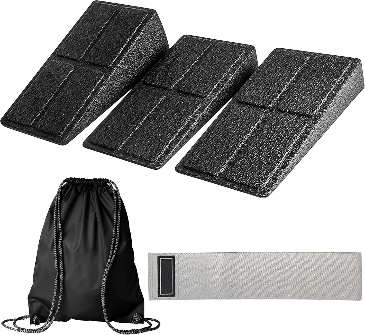 DNC Essentials Squat Wedge 3-Piece Set - Sturdy Squat Wedges with Carry Bag and Band - Multipurpose Squat Wedge Block 3-Pack - Calf Raise Workout Slant Board for Heel Elevated Squats, Yoga – Black