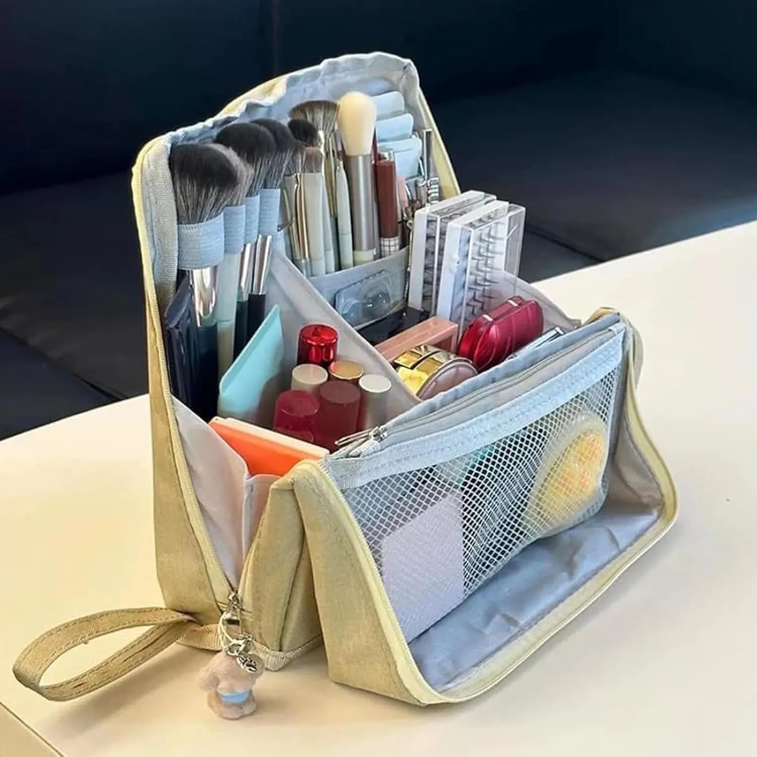 Doresty Makeup Bag, Multi-Purpose Large Capacity Oxford Cloth Standing Makeup Bag, Parallel Traveler Make-up Bags Fold Down, Toiletry Bags with Compartments for Traveling Women (F1)