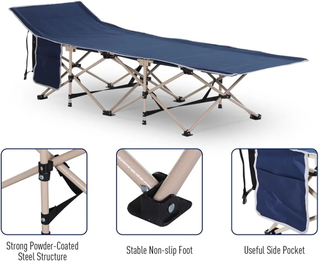 Double-Sided Folding Camping Cot with Mattress & Pillow - Heavy Duty 330 lbs Capacity, Compact Portable for Adults - Navy Blue (74.75" L x 26.75" W x 20.5" H)