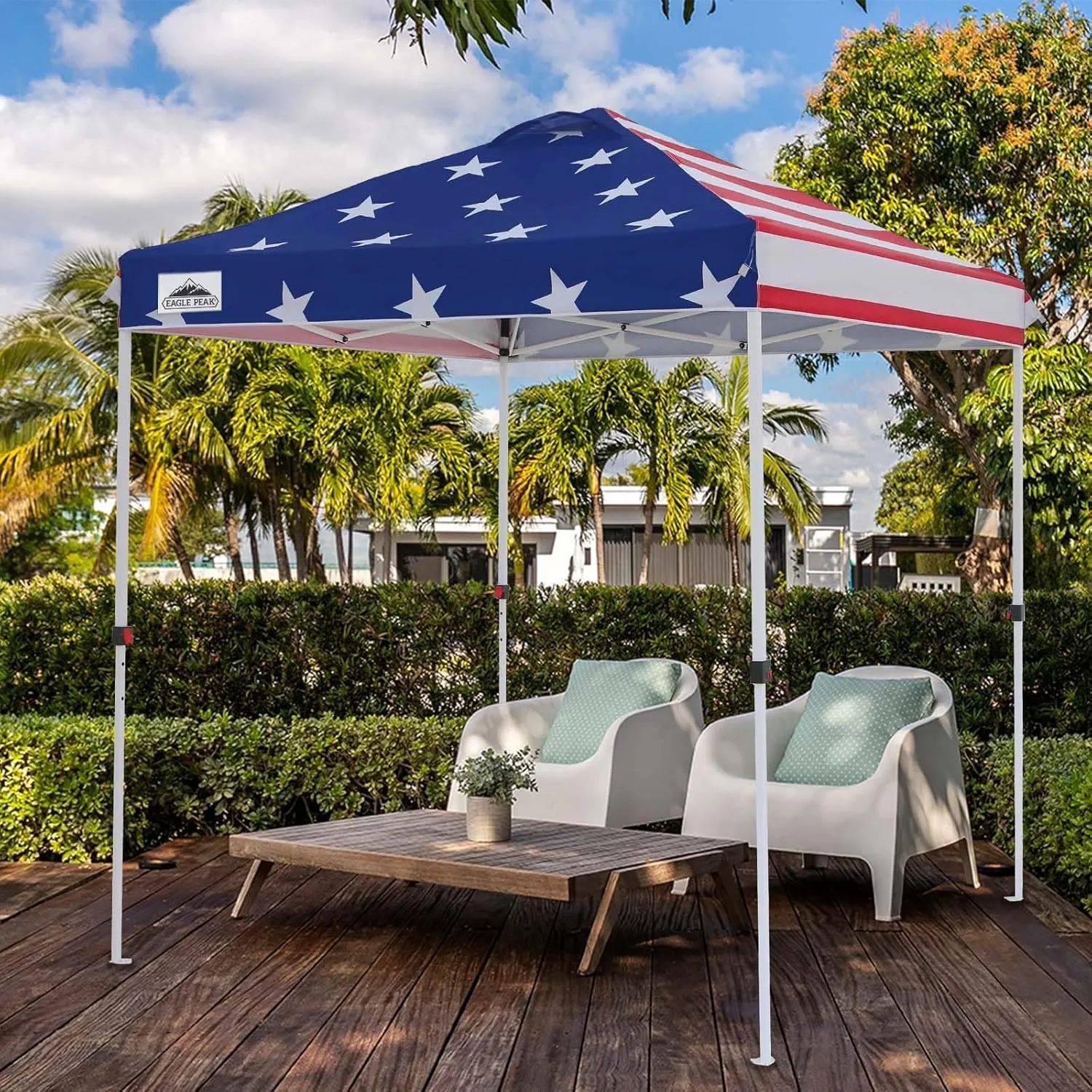 EAGLE PEAK 6.6x6.6 Pop Up Canopy Tent Instant Outdoor Canopy Easy Set Up Straight Leg Folding Shelter with Wheeled Bag, 8 Stakes and 4 Ropes, American Flag