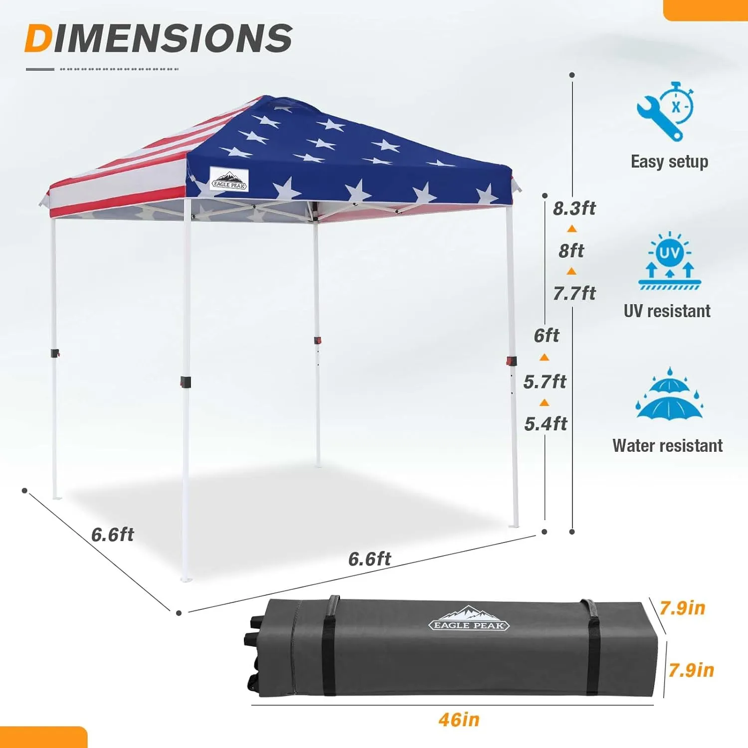EAGLE PEAK 6.6x6.6 Pop Up Canopy Tent Instant Outdoor Canopy Easy Set Up Straight Leg Folding Shelter with Wheeled Bag, 8 Stakes and 4 Ropes, American Flag