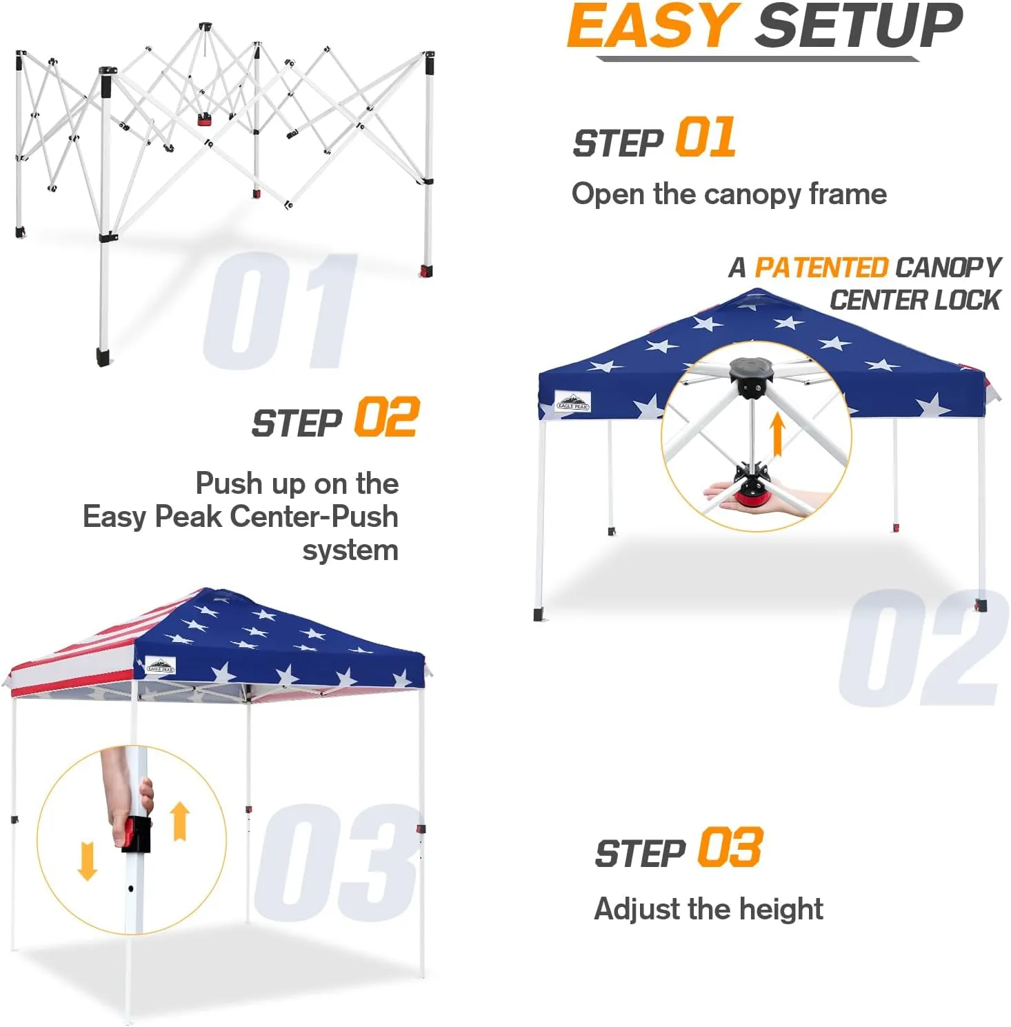 EAGLE PEAK 6.6x6.6 Pop Up Canopy Tent Instant Outdoor Canopy Easy Set Up Straight Leg Folding Shelter with Wheeled Bag, 8 Stakes and 4 Ropes, American Flag