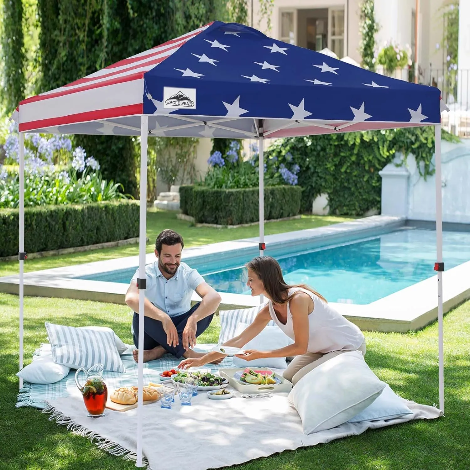 EAGLE PEAK 6.6x6.6 Pop Up Canopy Tent Instant Outdoor Canopy Easy Set Up Straight Leg Folding Shelter with Wheeled Bag, 8 Stakes and 4 Ropes, American Flag