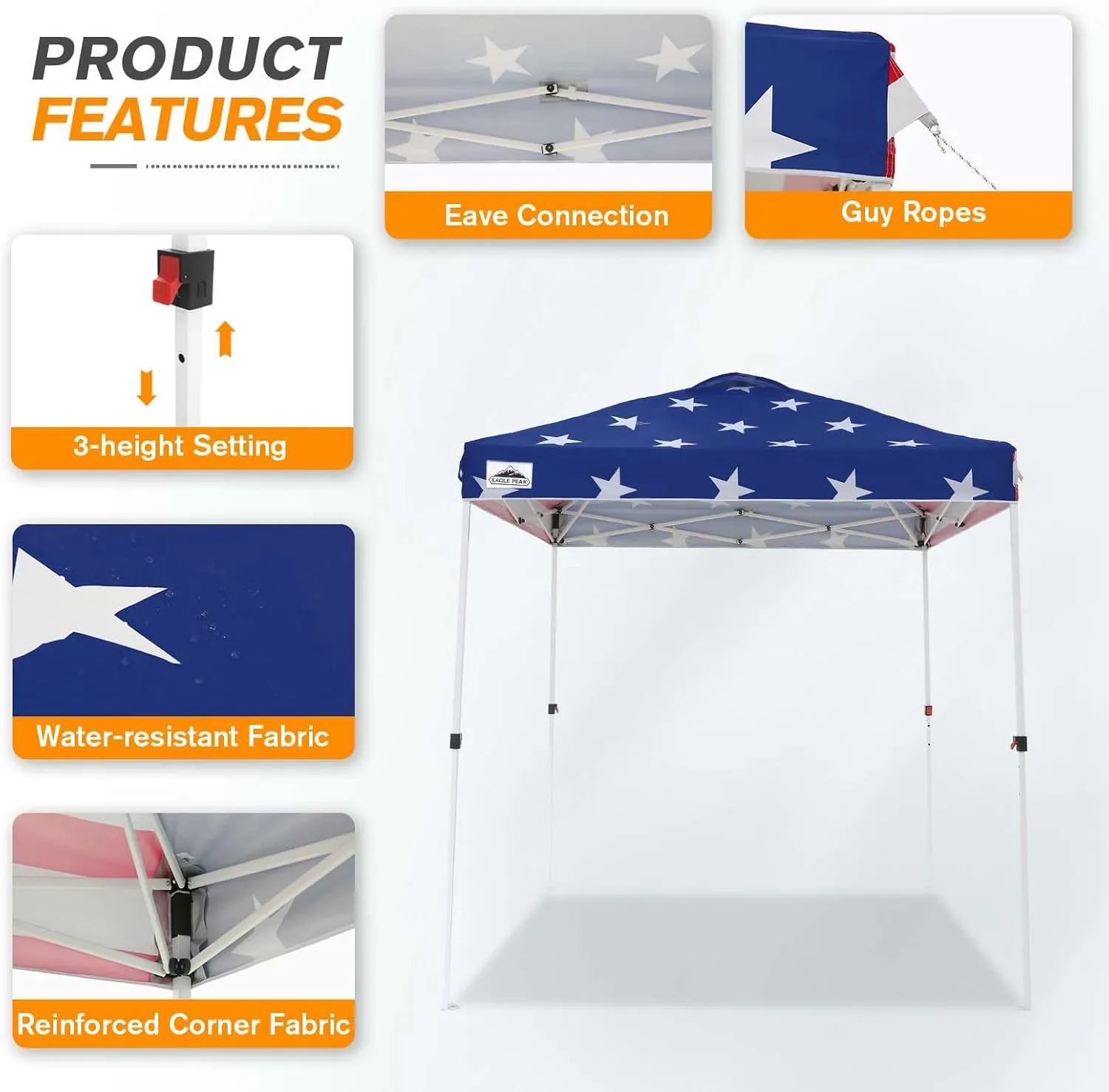 EAGLE PEAK 6.6x6.6 Pop Up Canopy Tent Instant Outdoor Canopy Easy Set Up Straight Leg Folding Shelter with Wheeled Bag, 8 Stakes and 4 Ropes, American Flag
