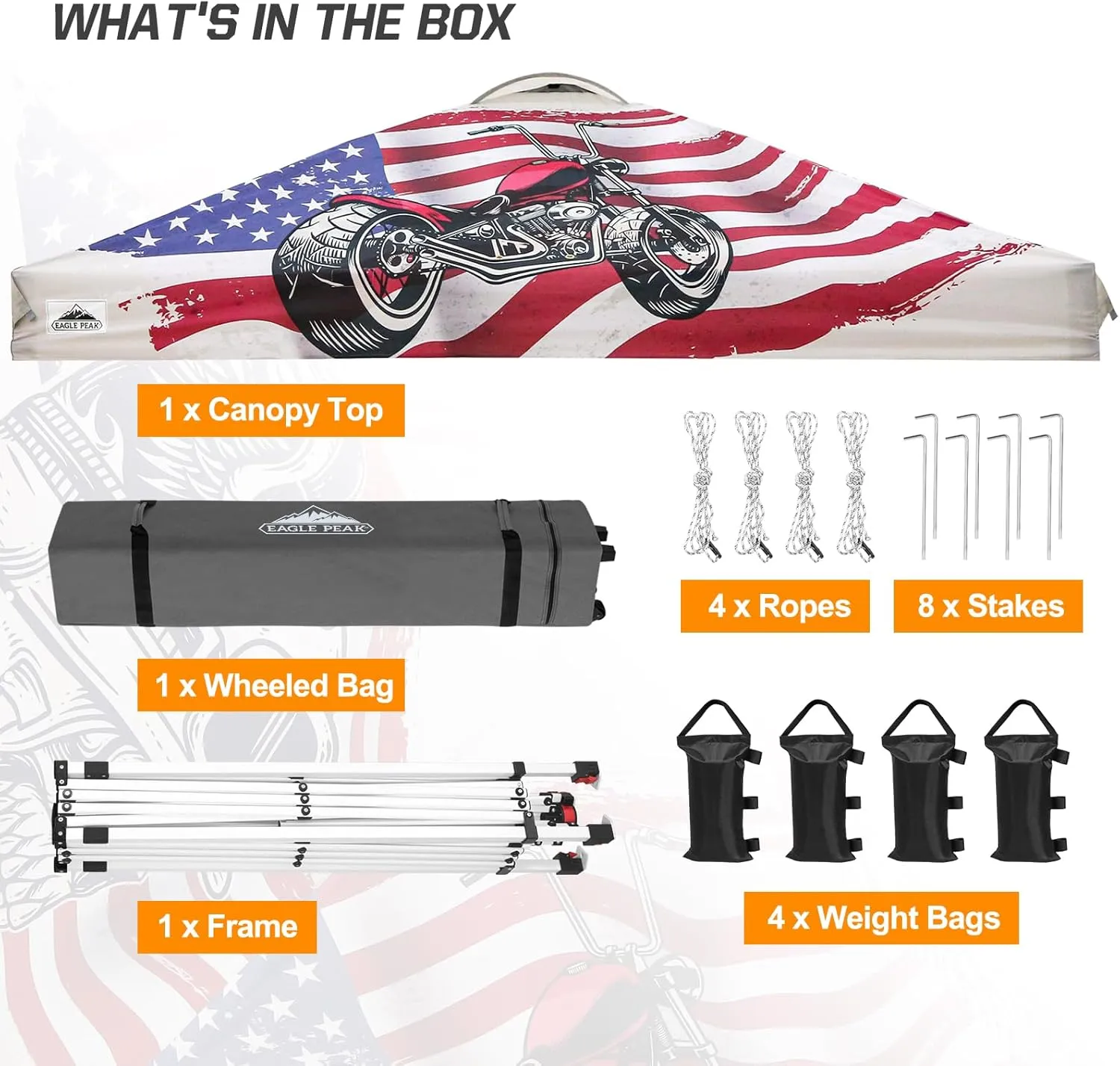 EAGLE PEAK Pop Up Canopy Tent with Wheeled Carry Bag, 8 Stakes, 4 Ropes, 4 Weight Bags, Easy Set Up Tent Canopy, 10x10 ft, 100sqft of Shade, Motorcycle Skull