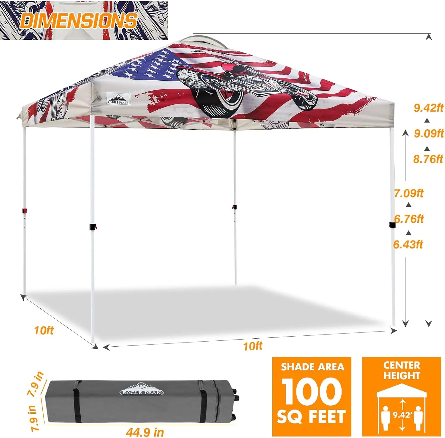 EAGLE PEAK Pop Up Canopy Tent with Wheeled Carry Bag, 8 Stakes, 4 Ropes, 4 Weight Bags, Easy Set Up Tent Canopy, 10x10 ft, 100sqft of Shade, Motorcycle Skull