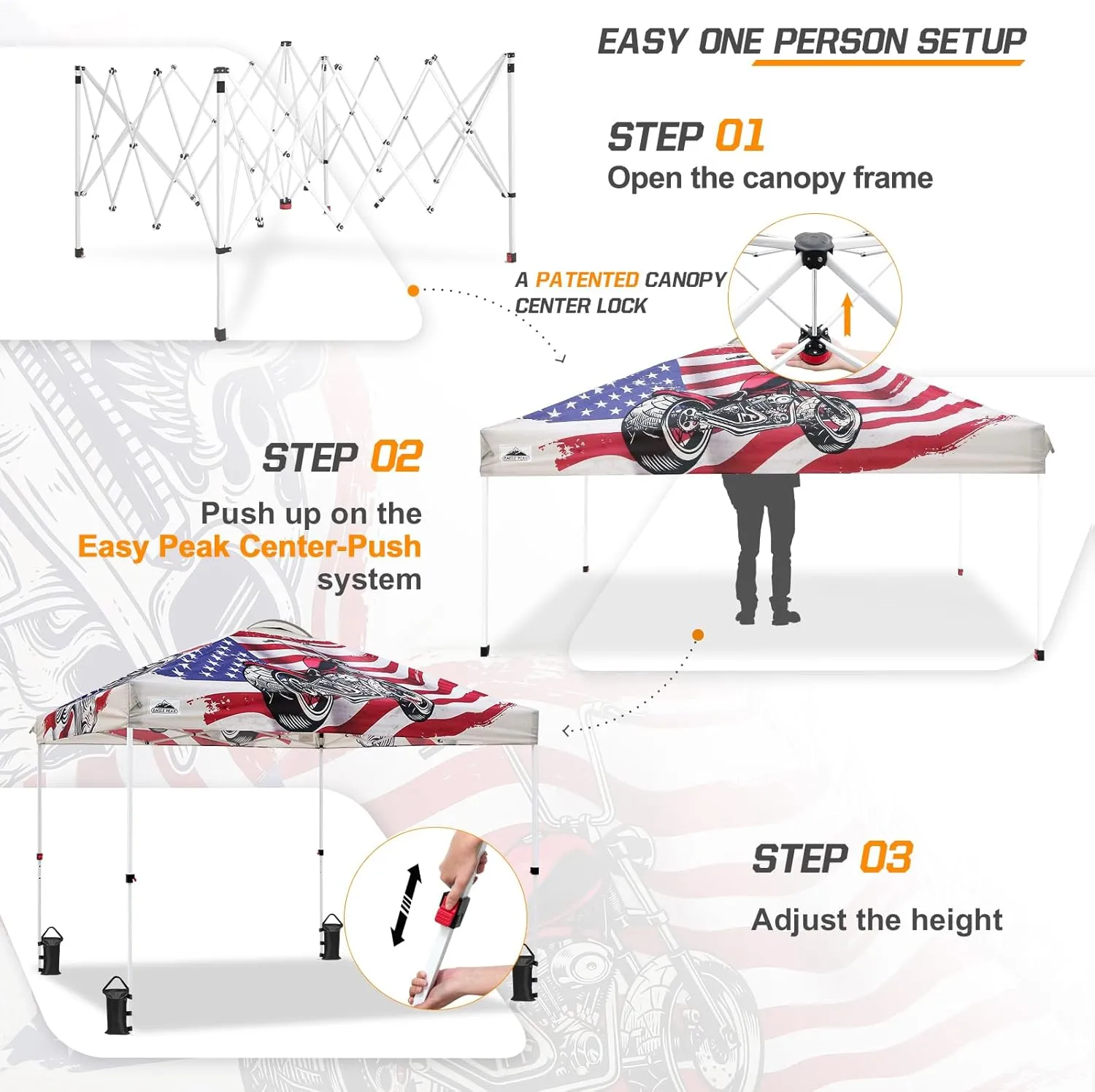 EAGLE PEAK Pop Up Canopy Tent with Wheeled Carry Bag, 8 Stakes, 4 Ropes, 4 Weight Bags, Easy Set Up Tent Canopy, 10x10 ft, 100sqft of Shade, Motorcycle Skull