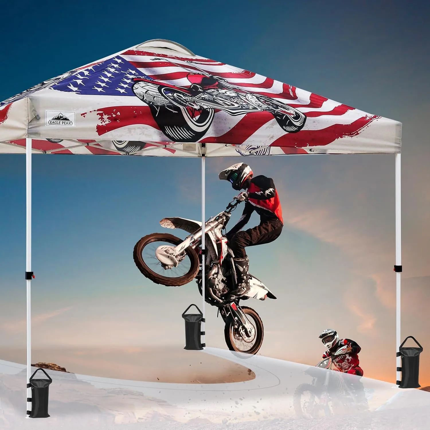 EAGLE PEAK Pop Up Canopy Tent with Wheeled Carry Bag, 8 Stakes, 4 Ropes, 4 Weight Bags, Easy Set Up Tent Canopy, 10x10 ft, 100sqft of Shade, Motorcycle Skull