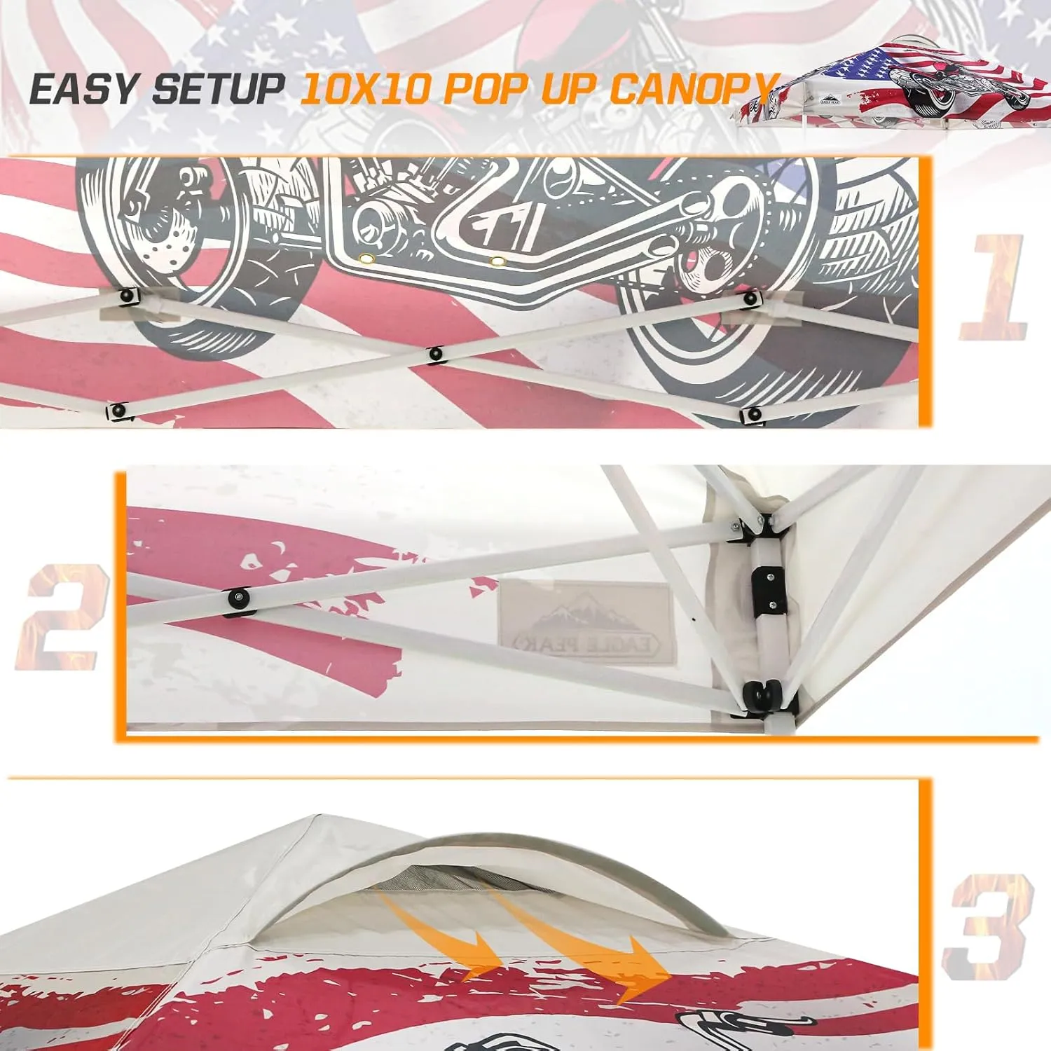 EAGLE PEAK Pop Up Canopy Tent with Wheeled Carry Bag, 8 Stakes, 4 Ropes, 4 Weight Bags, Easy Set Up Tent Canopy, 10x10 ft, 100sqft of Shade, Motorcycle Skull