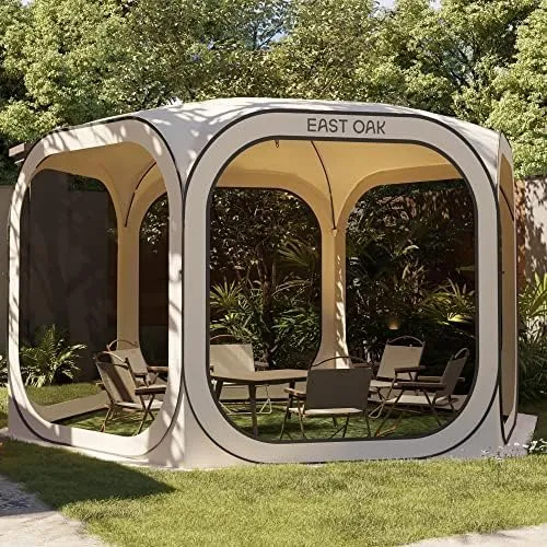 EAST OAK Screen House Tent Pop-Up, Portable Screen Room Canopy Instant Screen Tent 12 x 12 FT, Beige   EAST OAK Floor Mat for Screen House, 12x12 ft