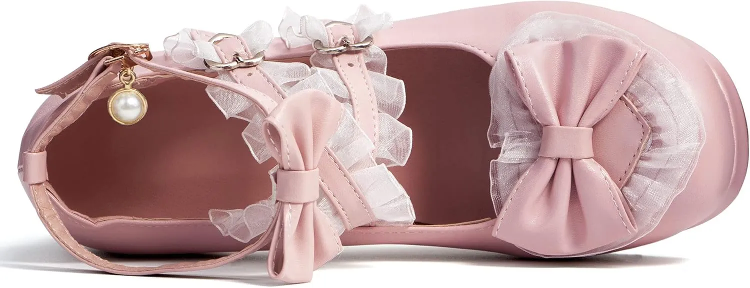 Elerhythm Women's Mary Jane Platform Chunky Block Heels Cute Cosplay Kawaii Bow Lace Dresses Cross-Tied Round Toe Ankle Strap Shoes