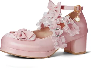 Elerhythm Women's Mary Jane Platform Chunky Block Heels Cute Cosplay Kawaii Bow Lace Dresses Cross-Tied Round Toe Ankle Strap Shoes