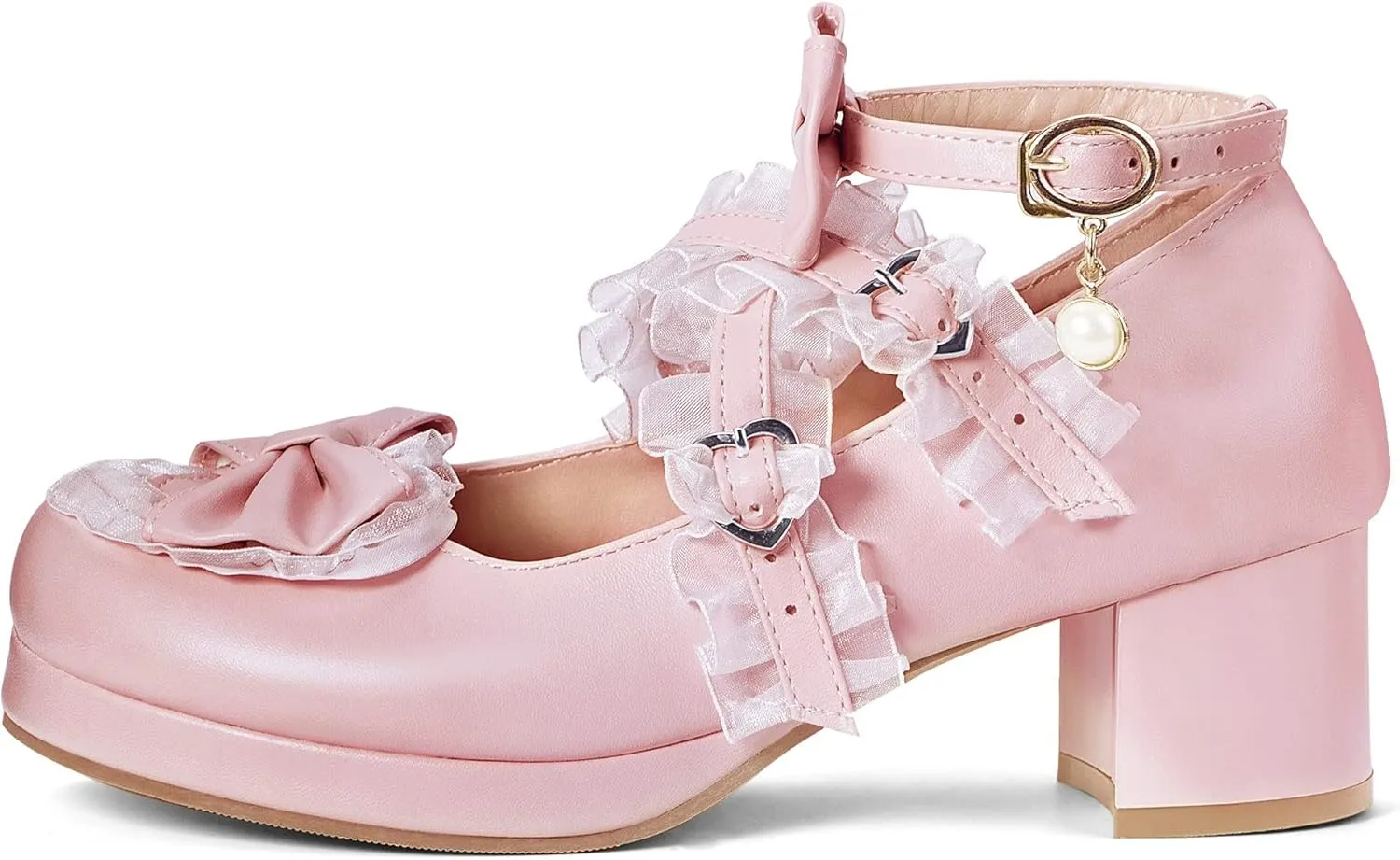 Elerhythm Women's Mary Jane Platform Chunky Block Heels Cute Cosplay Kawaii Bow Lace Dresses Cross-Tied Round Toe Ankle Strap Shoes