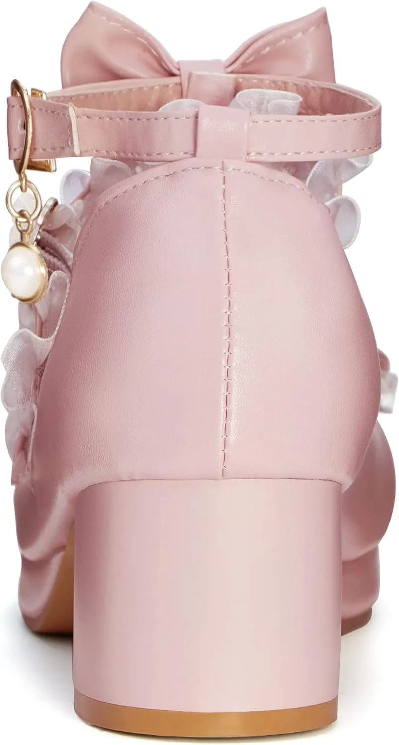 Elerhythm Women's Mary Jane Platform Chunky Block Heels Cute Cosplay Kawaii Bow Lace Dresses Cross-Tied Round Toe Ankle Strap Shoes