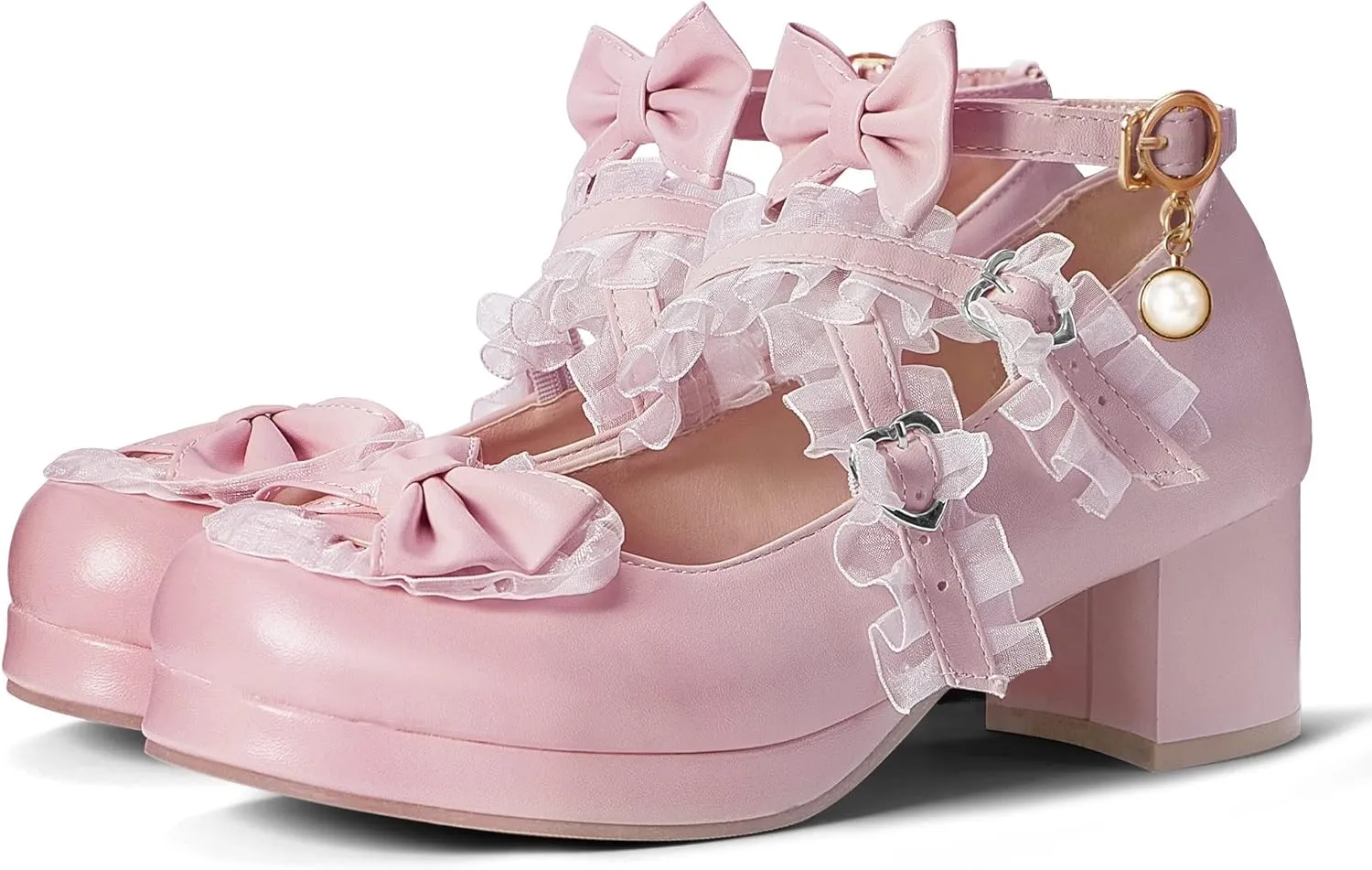 Elerhythm Women's Mary Jane Platform Chunky Block Heels Cute Cosplay Kawaii Bow Lace Dresses Cross-Tied Round Toe Ankle Strap Shoes