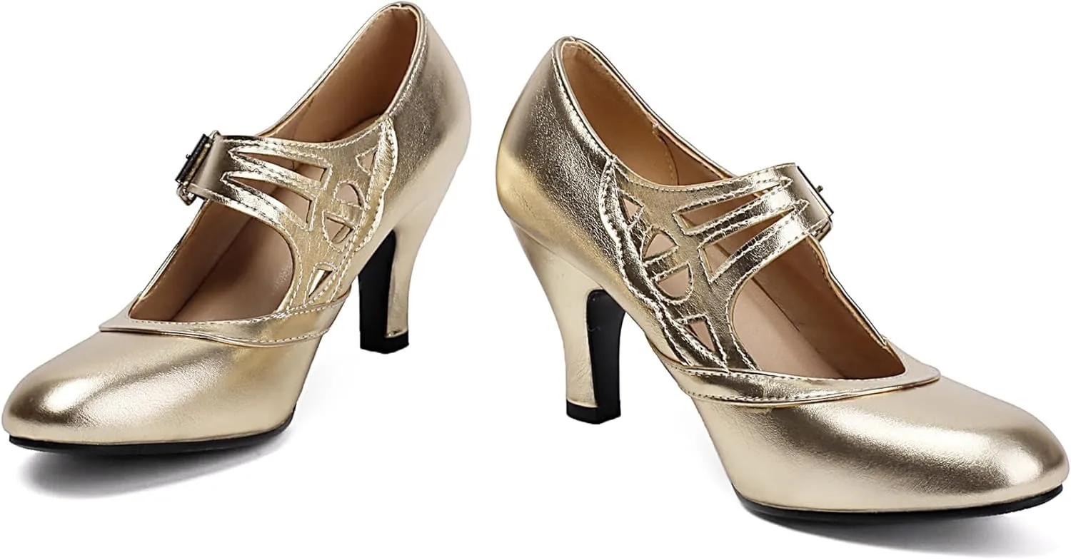 Elerhythm Women's Mary Jane Rockability Close Round Toe Vintage 1950s Heels Retro 1920s Victorian Pumps Shoes