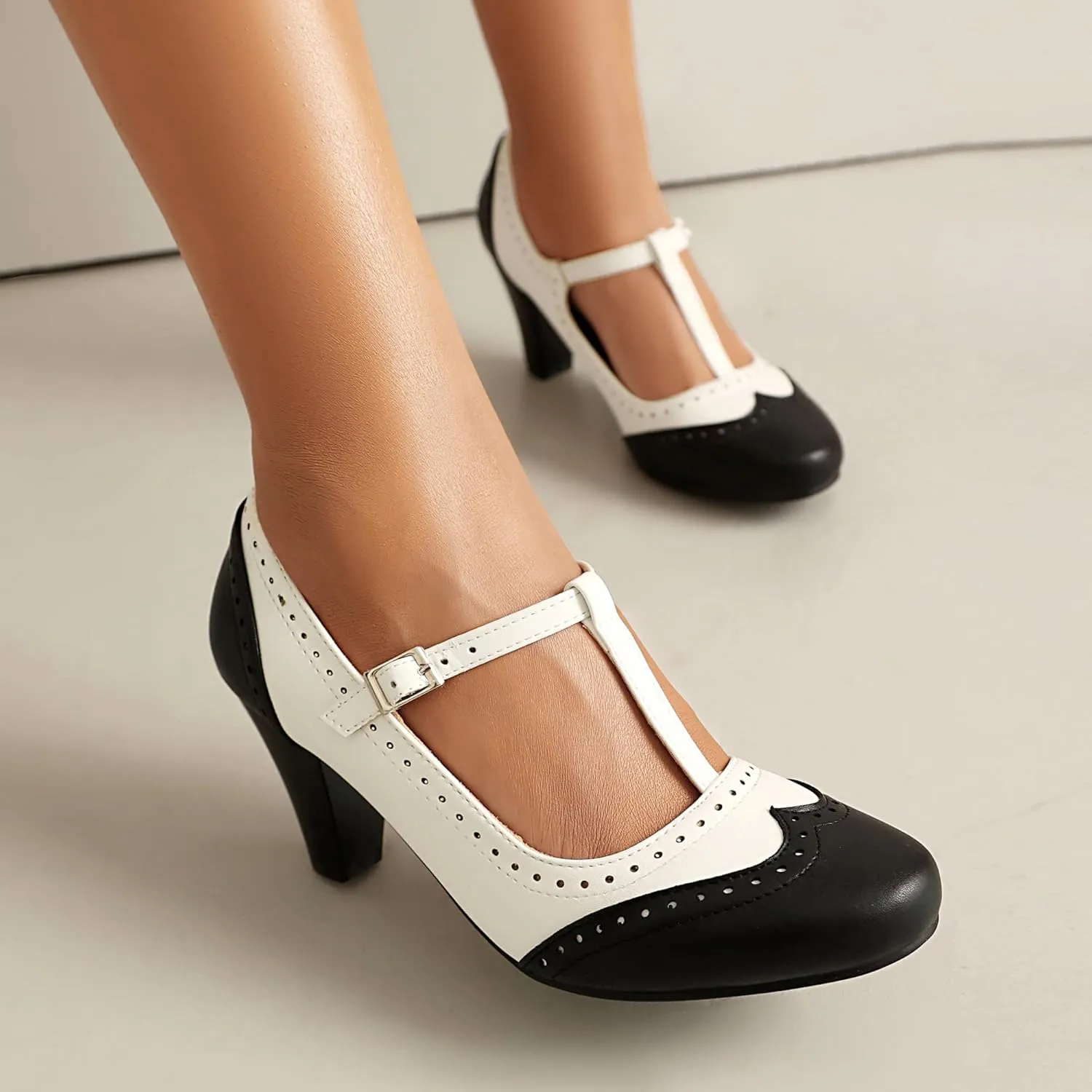 Elerhythm Women's Mary Jane Two Tone Classic and Retro Oxford Wingtip 1920s Pump Heels 1950s Vintage Round Closed Toe 1940s Ankle Strap Dress Shoes
