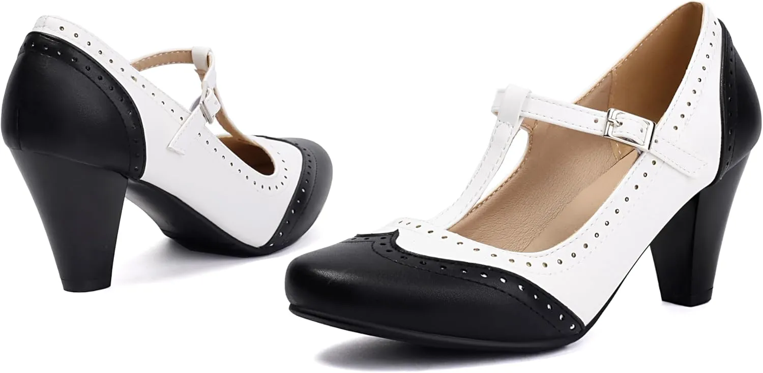 Elerhythm Women's Mary Jane Two Tone Classic and Retro Oxford Wingtip 1920s Pump Heels 1950s Vintage Round Closed Toe 1940s Ankle Strap Dress Shoes