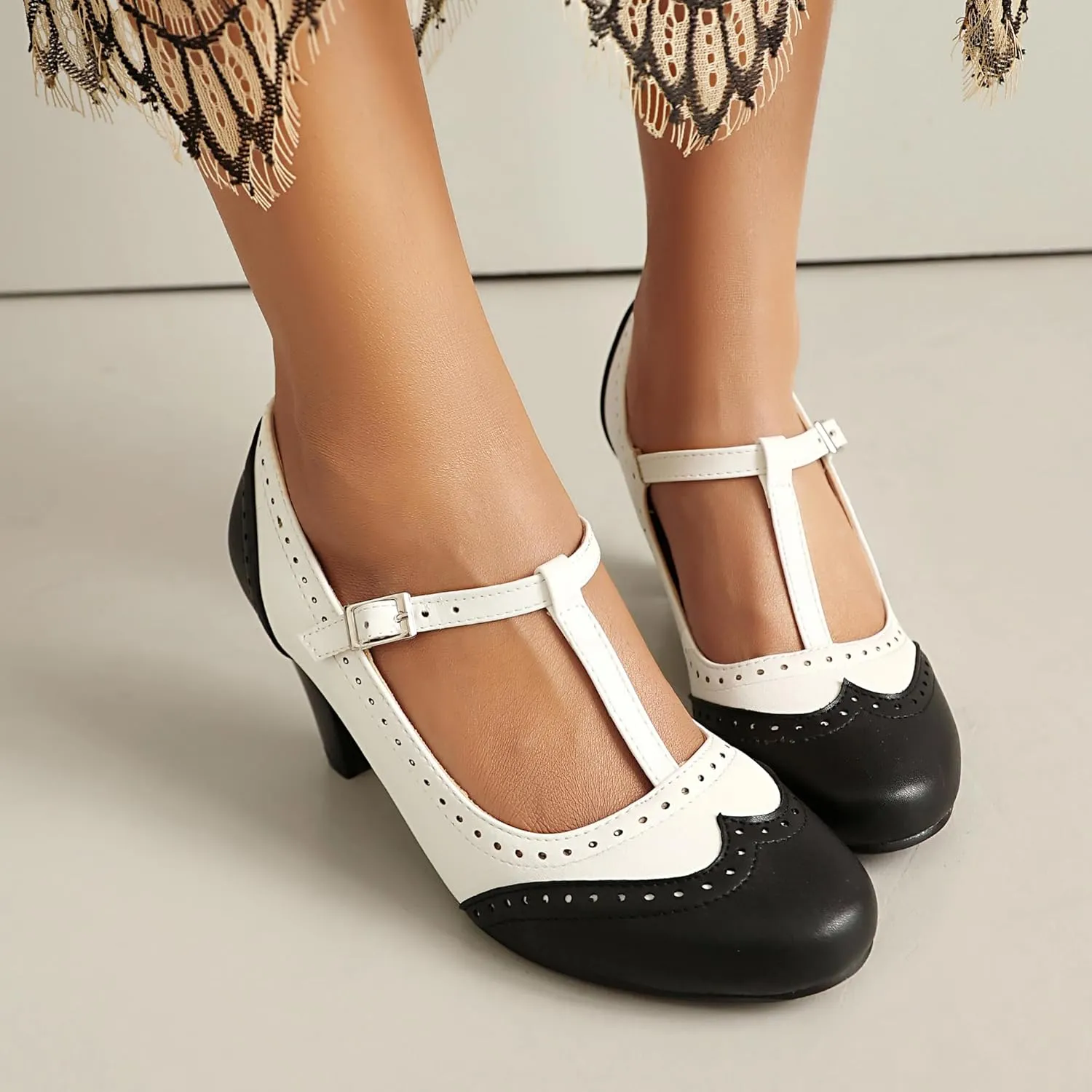 Elerhythm Women's Mary Jane Two Tone Classic and Retro Oxford Wingtip 1920s Pump Heels 1950s Vintage Round Closed Toe 1940s Ankle Strap Dress Shoes