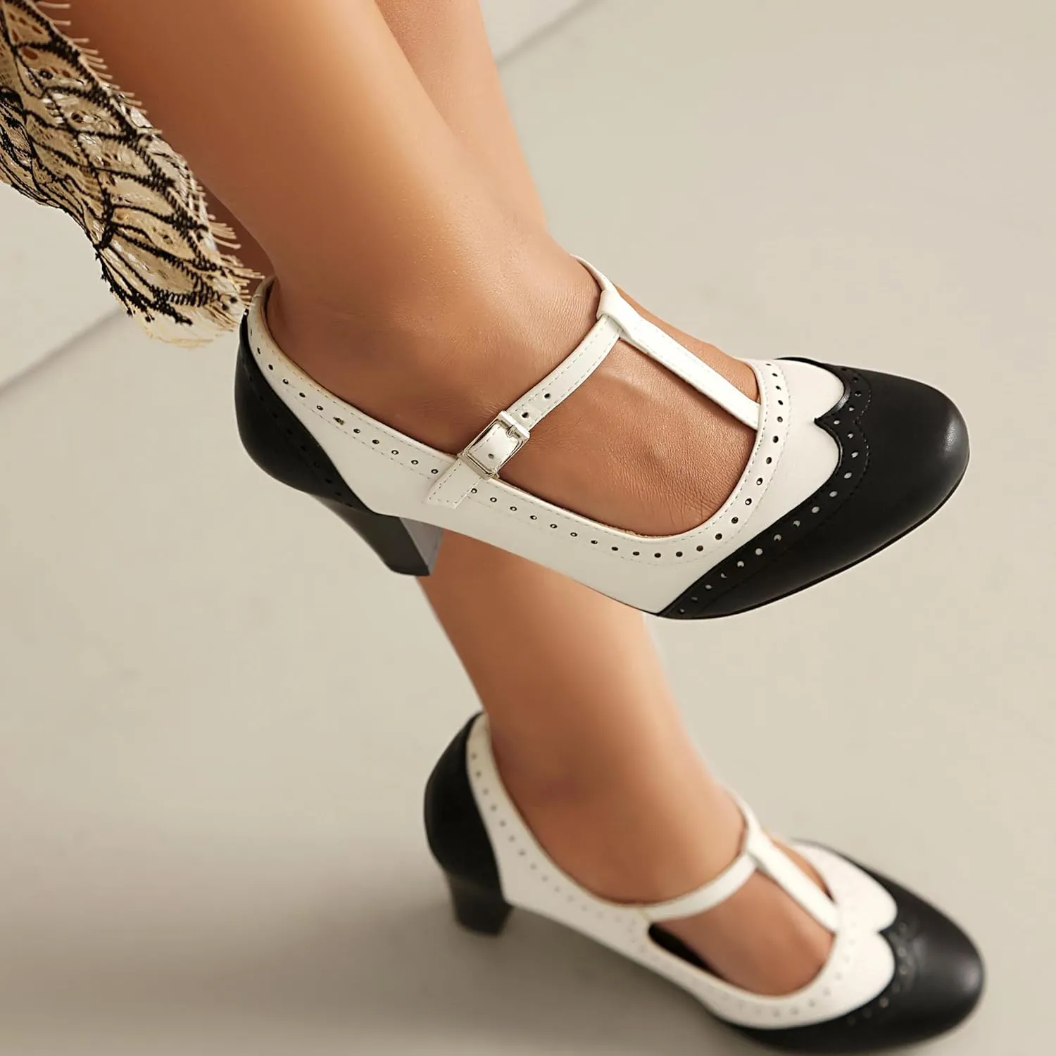 Elerhythm Women's Mary Jane Two Tone Classic and Retro Oxford Wingtip 1920s Pump Heels 1950s Vintage Round Closed Toe 1940s Ankle Strap Dress Shoes