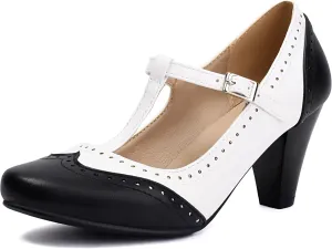 Elerhythm Women's Mary Jane Two Tone Classic and Retro Oxford Wingtip 1920s Pump Heels 1950s Vintage Round Closed Toe 1940s Ankle Strap Dress Shoes