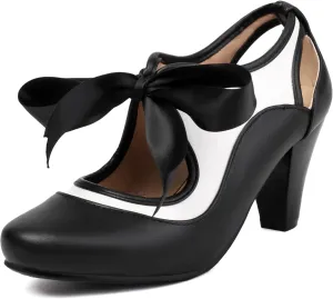 Elerhythm Women's Mary Jane Two Tone Lace Up Closed Round Toe Vintage Heels Gatsby 1950s Pumps 1920s Victorian Retro Shoes