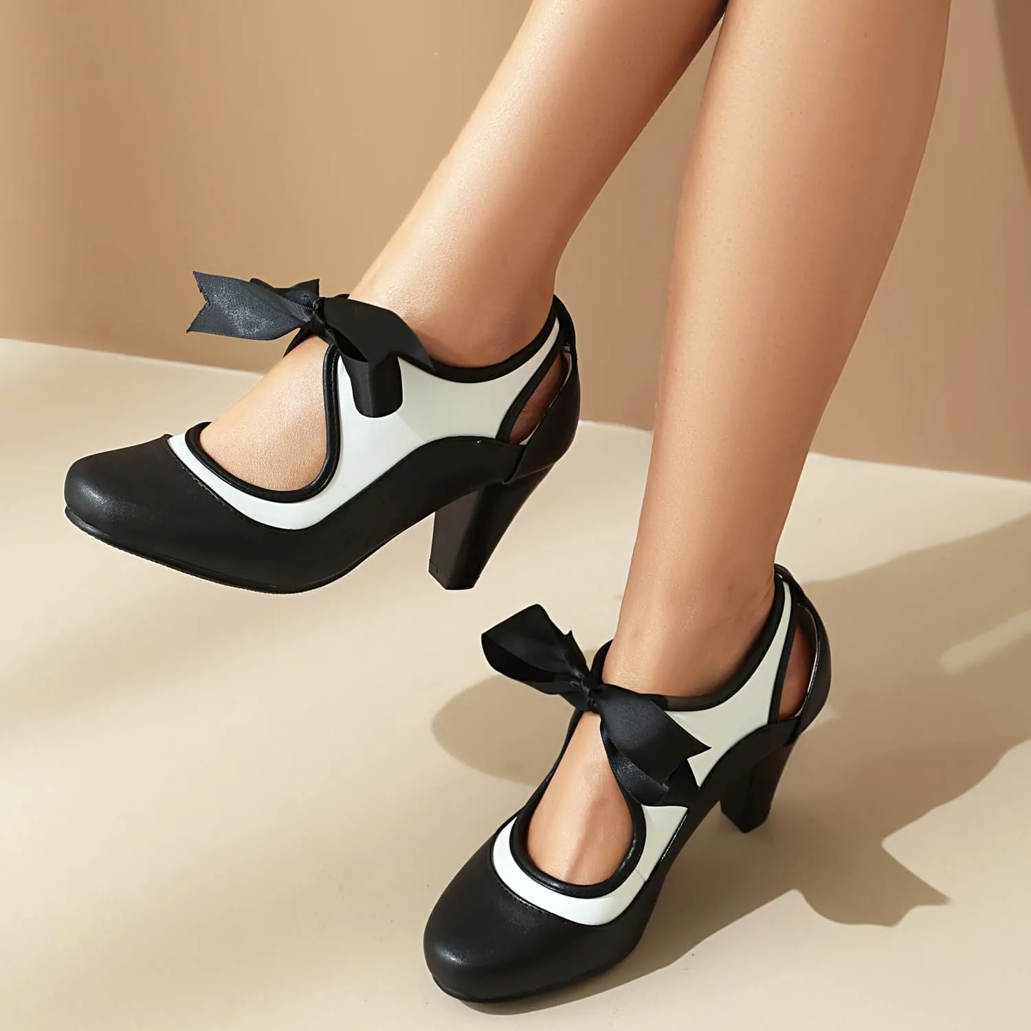 Elerhythm Women's Mary Jane Two Tone Lace Up Closed Round Toe Vintage Heels Gatsby 1950s Pumps 1920s Victorian Retro Shoes