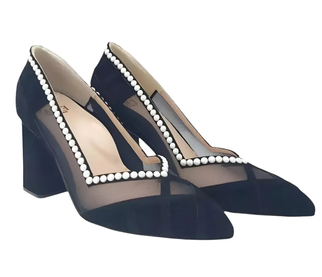 E'MAR Women's Italy Ari Comfortable Block Heel Pump Crystal Pearl Size 36