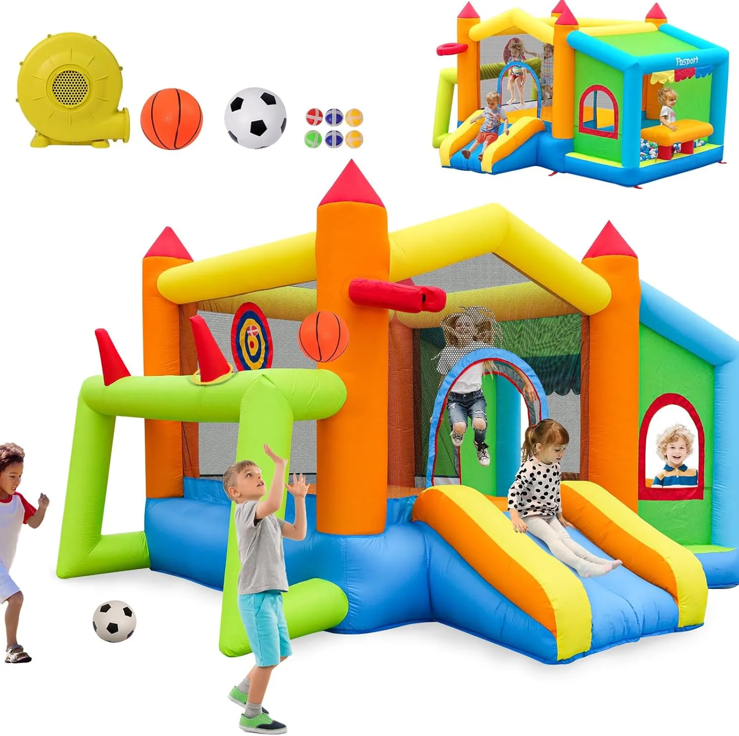 FBSPORT Inflatable Bounce House, Bounce House with Side Toy Market Stand Football Shooting, Inflatable Bouncer Bouncy Castle for Kids with 480W Blower Big Ball Pit for Outdoor Indoor