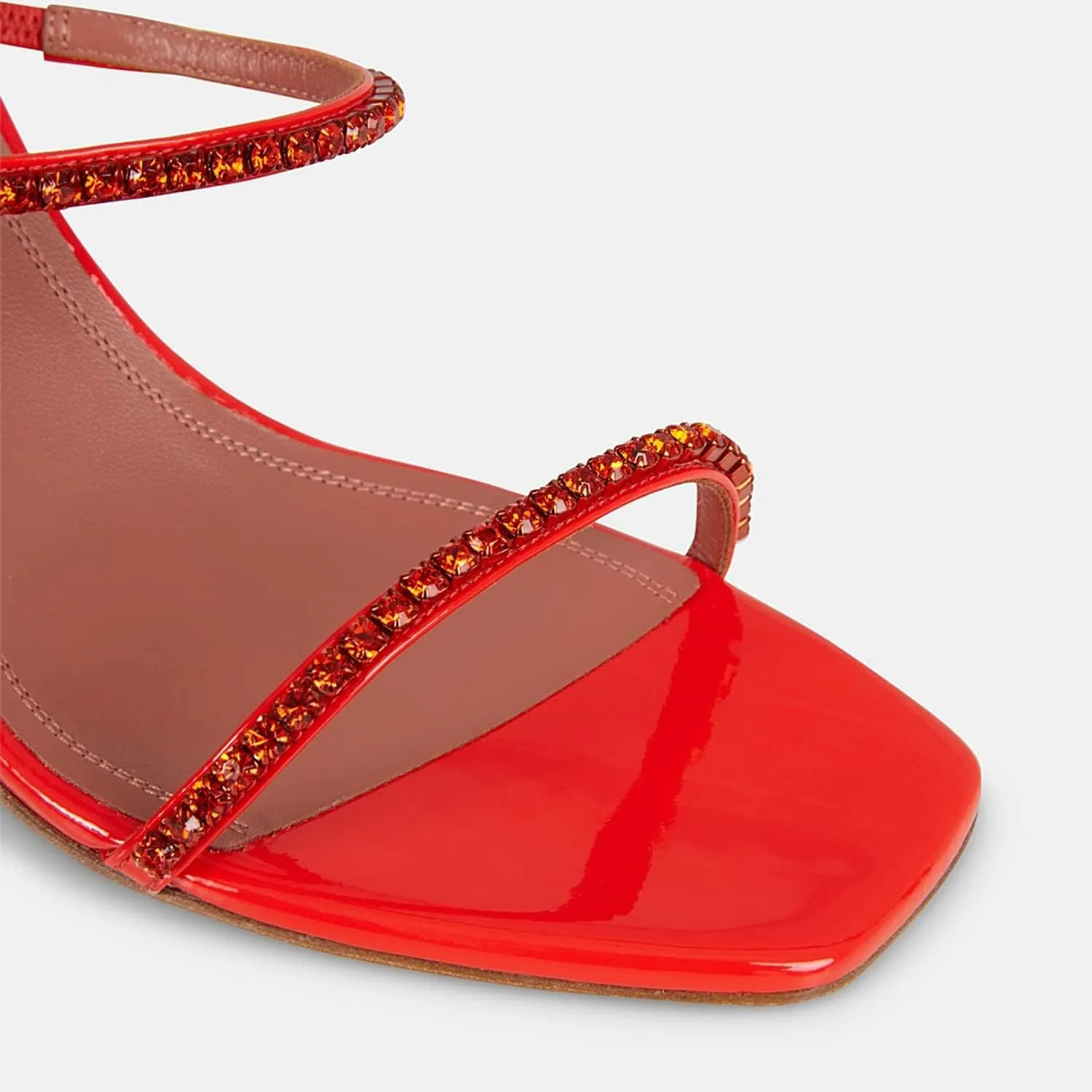 FOWT Fashion Leather Classic Square Toe Crystal Ankle Strap Flared High Heels Elegant Narrow Band Heeled Sandals Adorable 4 inches Red Pumps for Woman Dress Office Shoes, US Size 5-10 M